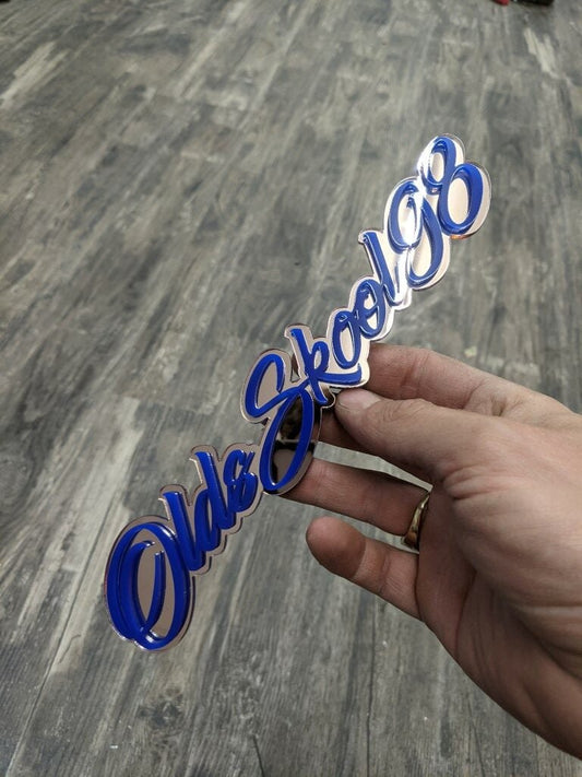 OldsSkool98 Car Badge - Blue On Mirror Silver - Script Font - Atomic Car Concepts