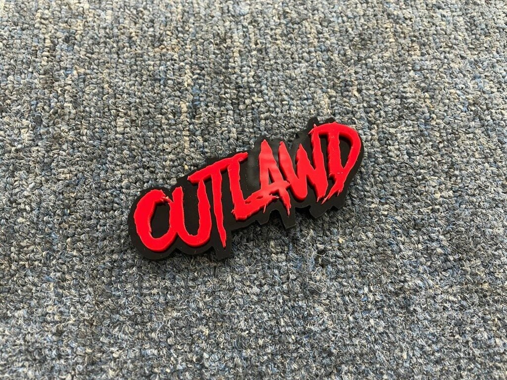 Outlawd Car Badge - Red On Gloss Black - Aggressive Font - Atomic Car Concepts