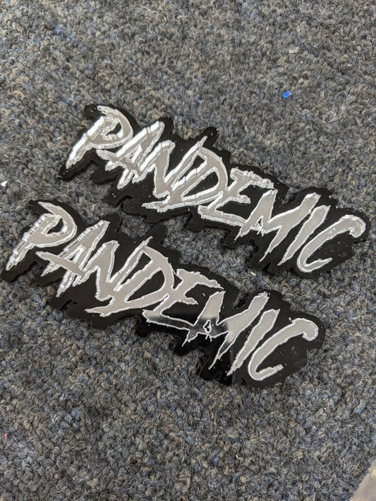 Pandemic Car Badge - Mirror Silver On Gloss Black - Aggressive Font - Atomic Car Concepts