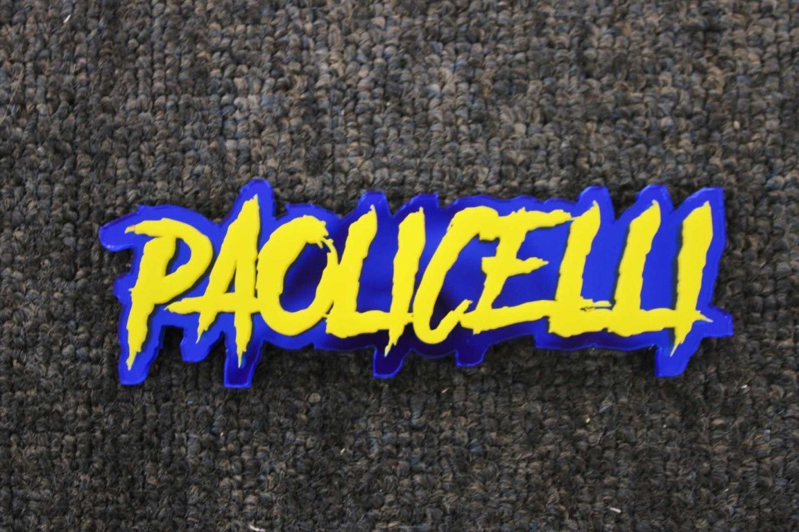 Paolicelli Car Badge - Yellow On Blue - Aggressive Font - Atomic Car Concepts