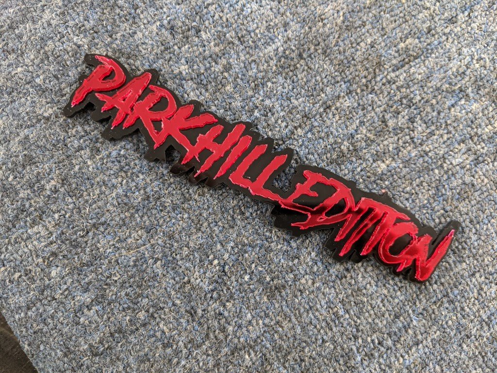 Parkhill Edition Car Badge - Mirror Red On Gloss Black - Aggressive Font - Atomic Car Concepts