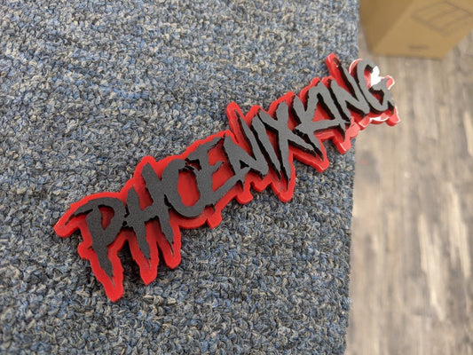 Phoenix King Car Badge - Matte Black On Red - Aggressive Font - Atomic Car Concepts