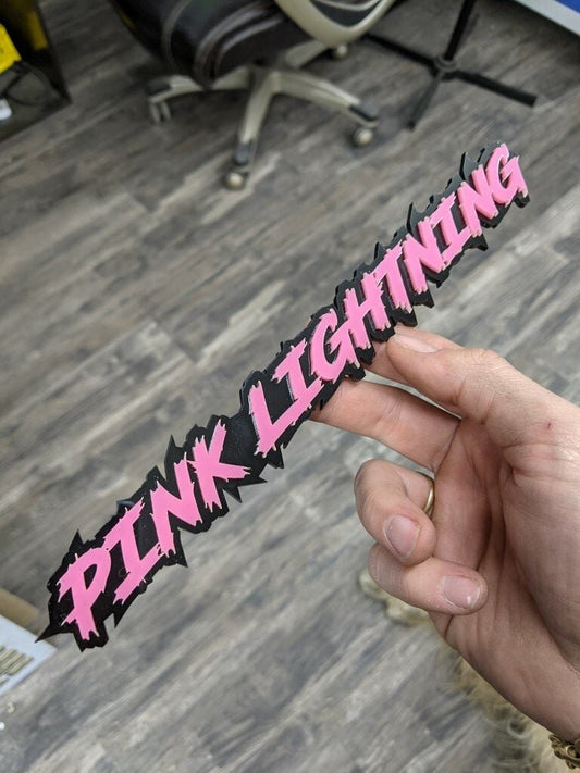 Pink Lightning Car Badge - Pink On Gloss Black - Lightning Font - Atomic Car Concepts