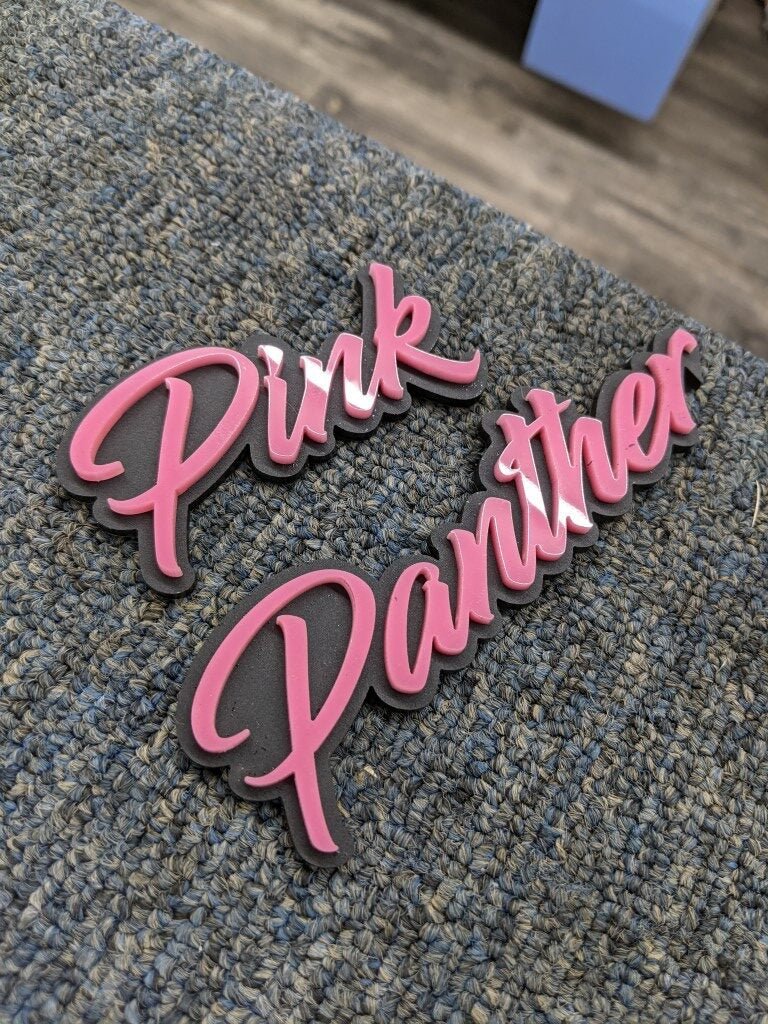 Pink Panther Car Badge - Pink On Matte Black - Script Font - Atomic Car Concepts