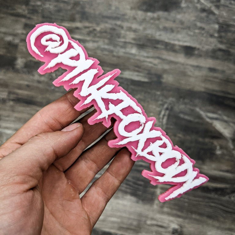 Pinkfoxbody Car Badge - White on Pink - Aggressive Font - Tape Mounting - Atomic Car Concepts