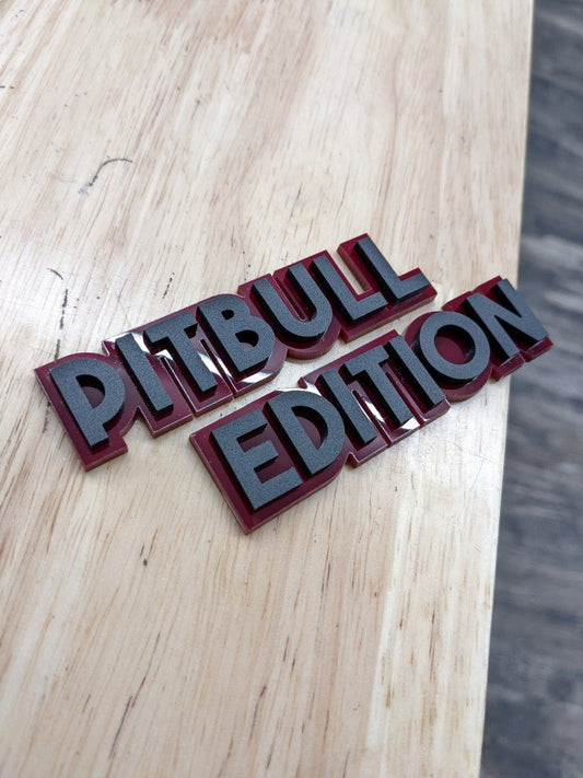 Pitbull Edition Car Badge - Matte Black On Mirror Red - Block Font - Atomic Car Concepts