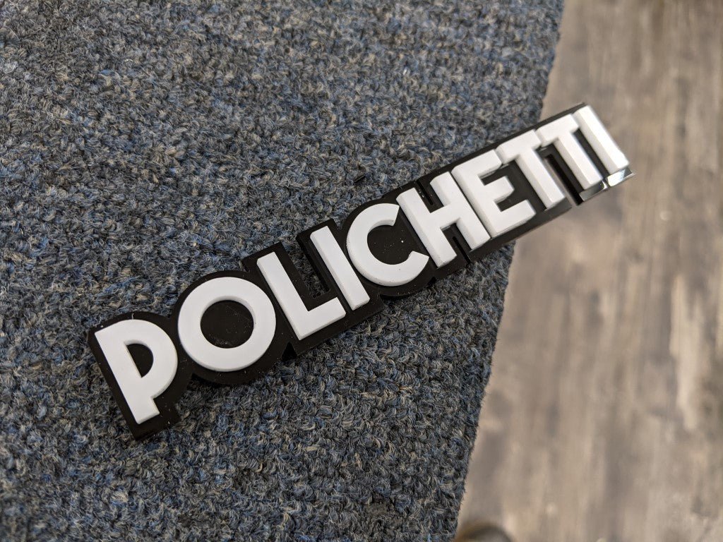 Policehetti Car Badge - White On Gloss Black - Block Font - Atomic Car Concepts