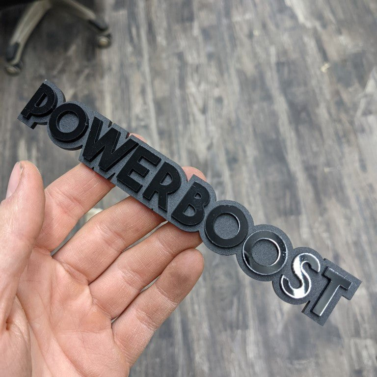 Powerboost Car Badge - Gloss Black On Matte Black - Block Font - Atomic Car Concepts