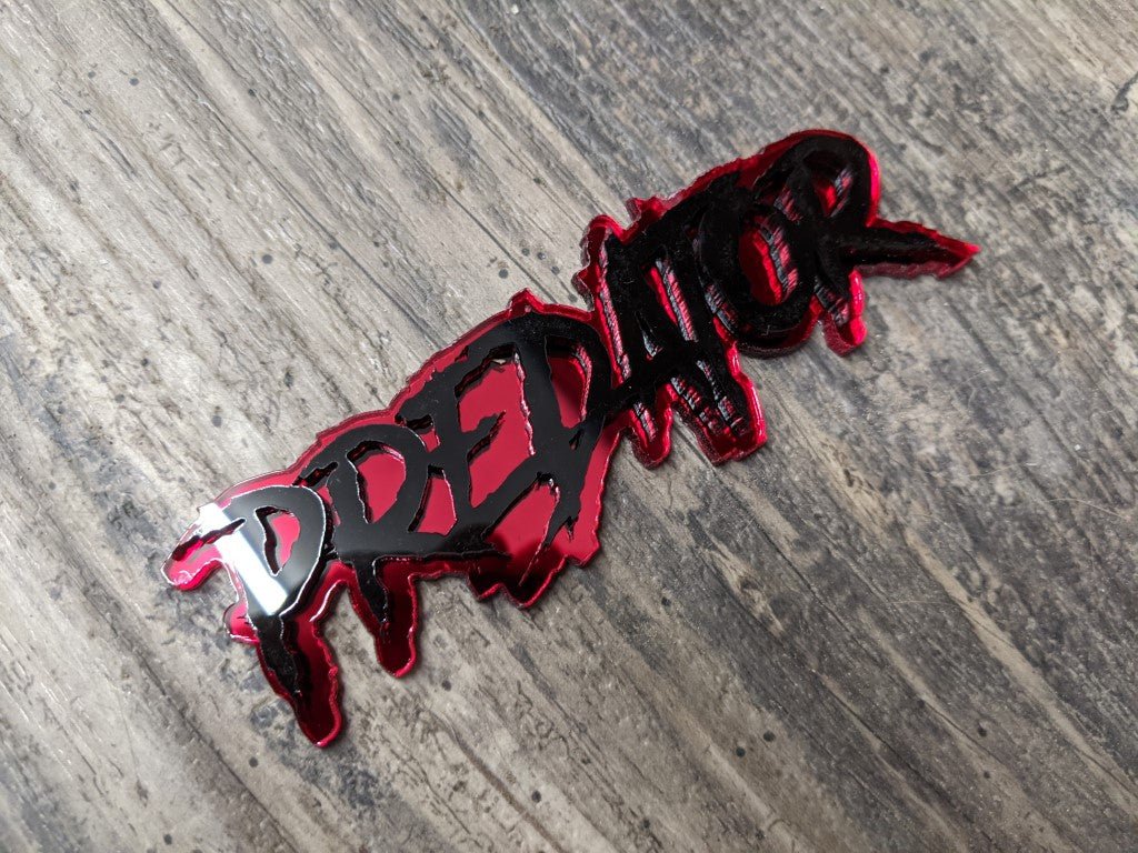 Predator Car Badge - Gloss Black On Mirror Red - Aggressive Font - Atomic Car Concepts