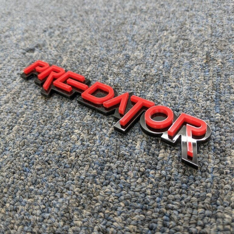 Predator Car Badge - Red On Gloss Black - Squid Font - Tape Mount - Atomic Car Concepts