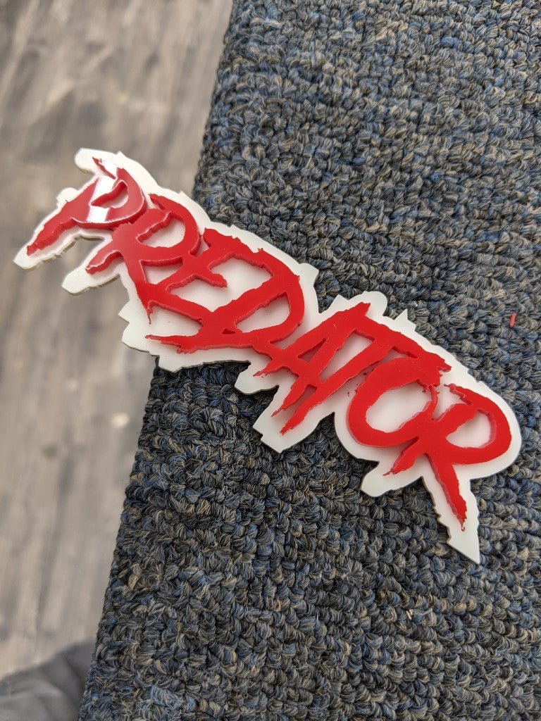 Predator Car Badge - Red On White - Aggressive Font - Atomic Car Concepts