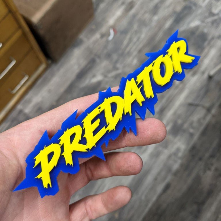 Predator Car Badge - Yellow On Blue - Lightning Font - Atomic Car Concepts