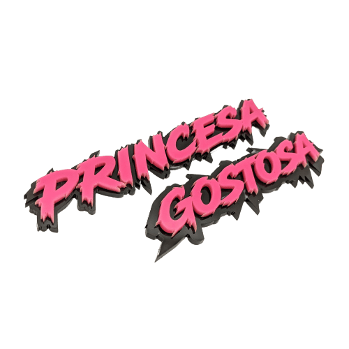 Princesa Gostosa Car Badge - Pink on Gloss Black - Lightning Font - Tape Mounting - Atomic Car Concepts