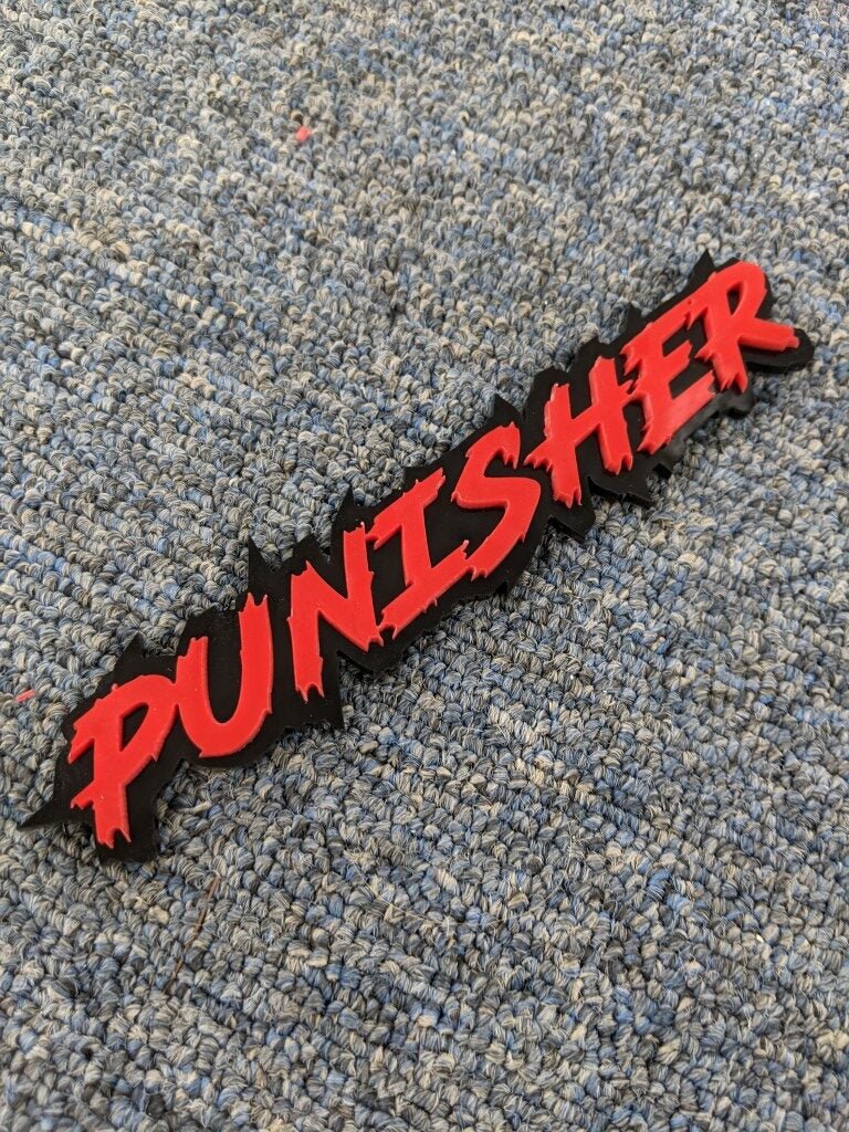 Punisher Car Badge - Red On Gloss Black - Lightning Font - Atomic Car Concepts