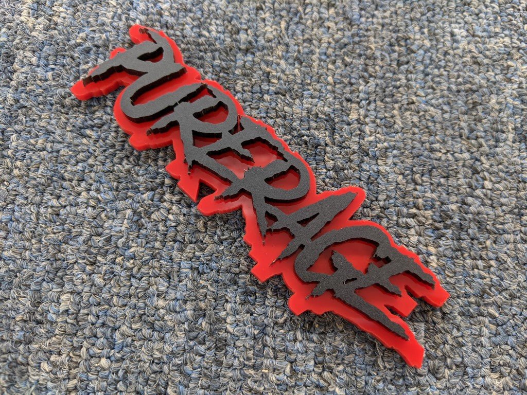 Purerage Car Badge - Matte Black On Red - Aggressive Font - Atomic Car Concepts