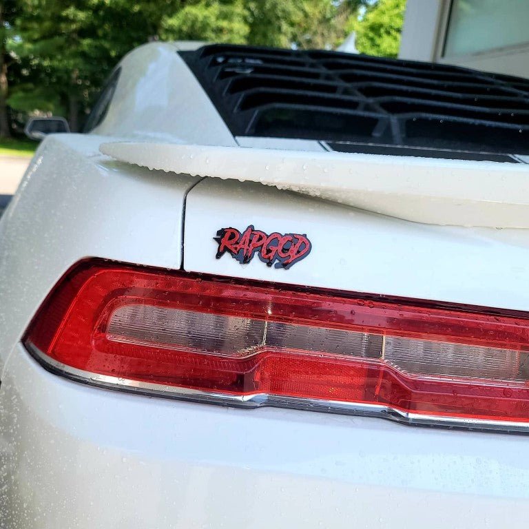 Rapgod Car Badge - Red on Gloss Black - Aggressive Font - Tape Mounting - Atomic Car Concepts