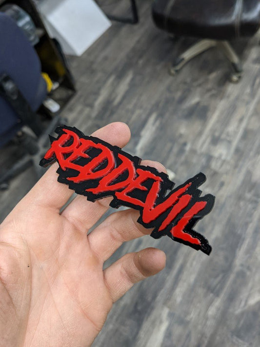 Red Devil Car Badge - Red On Gloss Black - Aggressive Font - Atomic Car Concepts