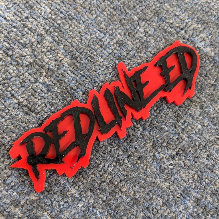 Redline Ed Car Badge - Gloss Black On Red - Aggressive Font - Atomic Car Concepts