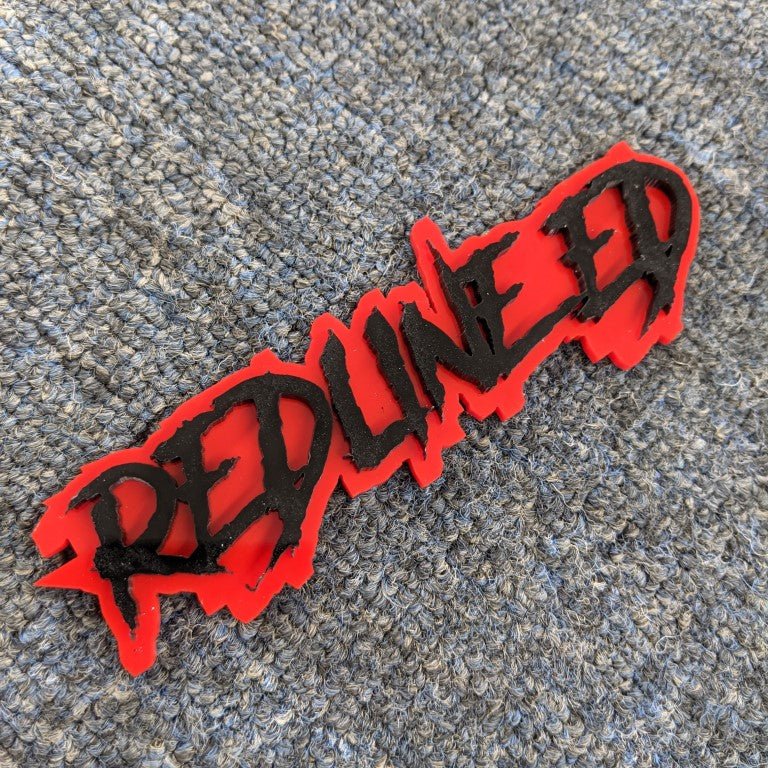 Redline Ed Car Badge - Gloss Black on Red - Aggressive Font- Tape Mounting - Atomic Car Concepts