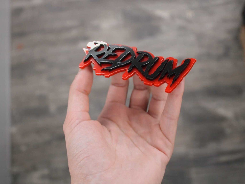 Redrum Car Badge - Gloss Black On Red - Aggressive Font - Atomic Car Concepts