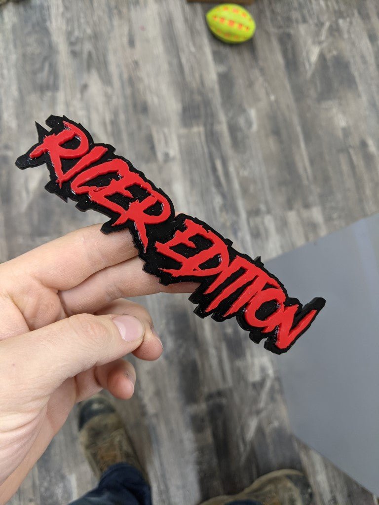 Ricer Edition Car Badge - Red On Gloss Black - Aggressive Font - Atomic Car Concepts