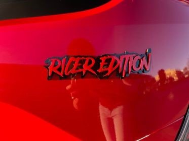 Ricer Edition Car Badge - Red On Gloss Black - Aggressive Font - Atomic Car Concepts