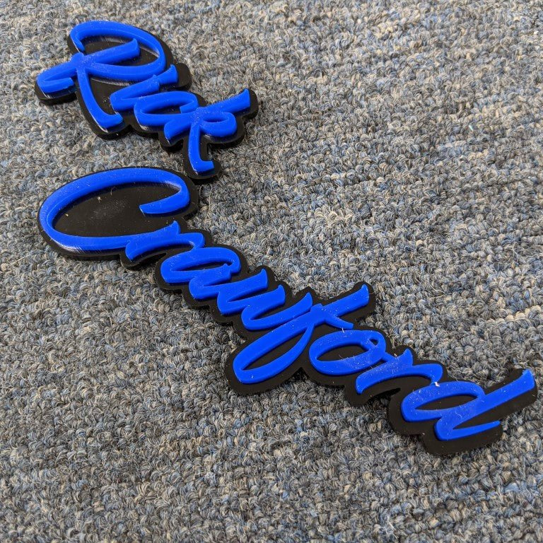 Rick Crawford Car badge - Blue On Gloss Black - Script Font - Atomic Car Concepts