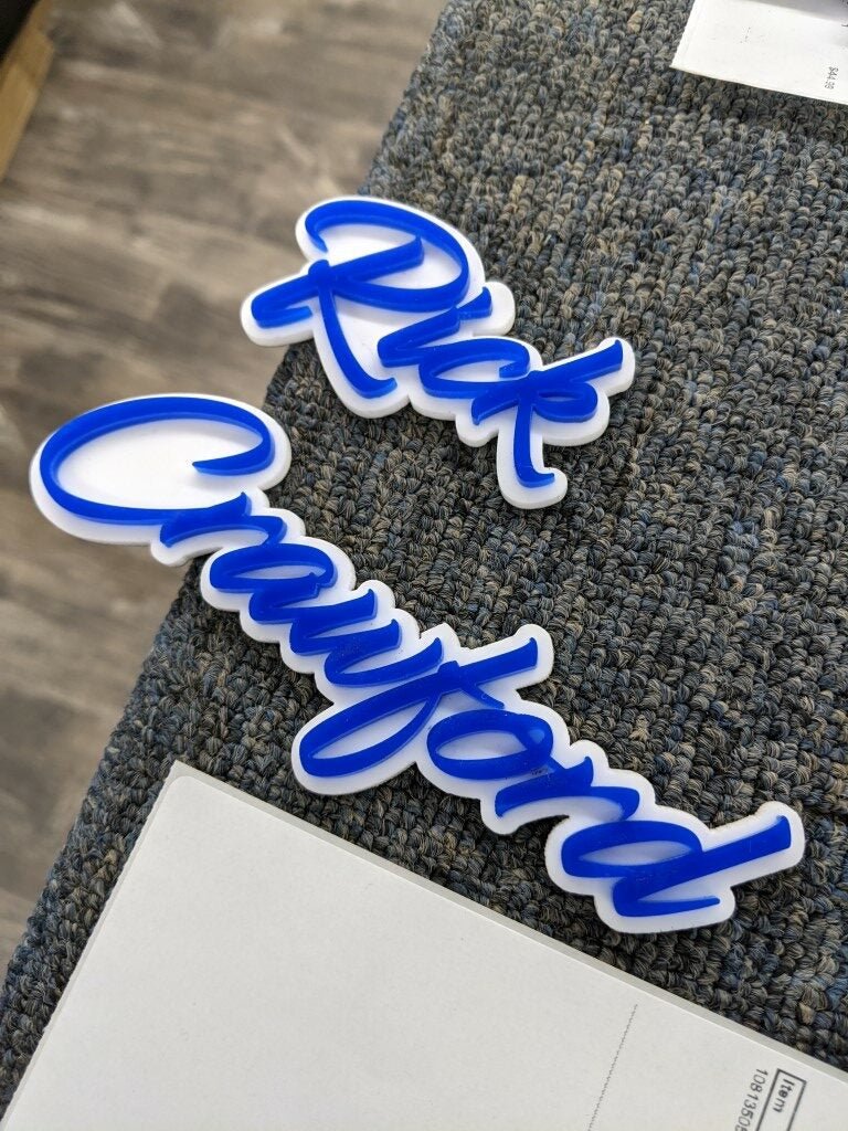 Rick Crawford Car Badge - Blue on White - Script Font - Atomic Car Concepts