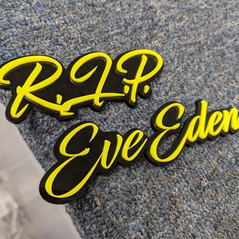 RIP-Eve Eden Car Badge - Yellow on Gloss Black - Script Font - Atomic Car Concepts