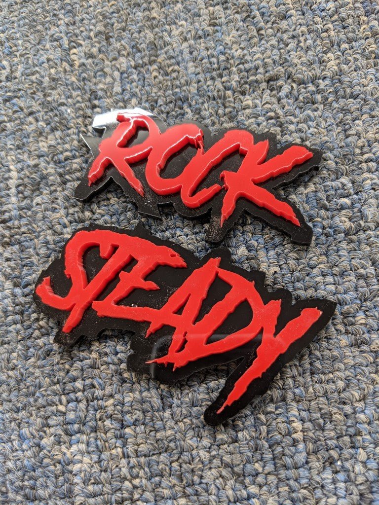 Rock Steady Car Badge - Red On Gloss Black - Aggressive Font - Atomic Car Concepts