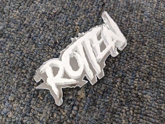 Rotten Car Badge - White On Mirror Silver - Aggressive Font - Atomic Car Concepts