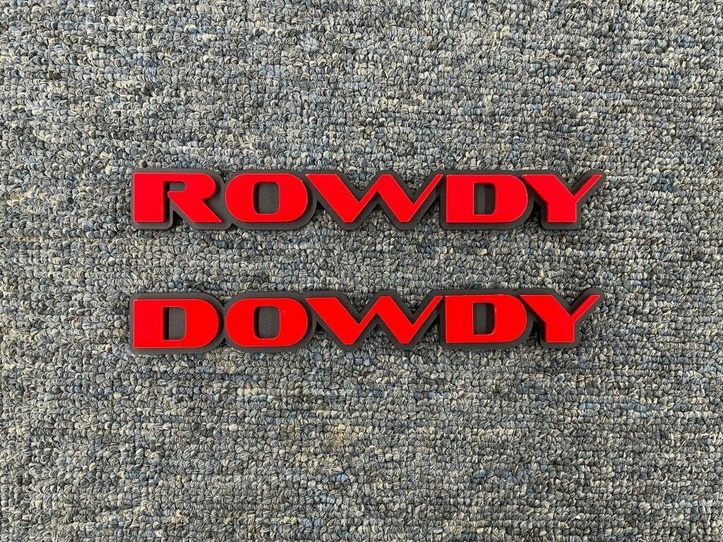 Rowdy Dowdy Car Badge - Red On Matte Black - OEM Font - Atomic Car Concepts