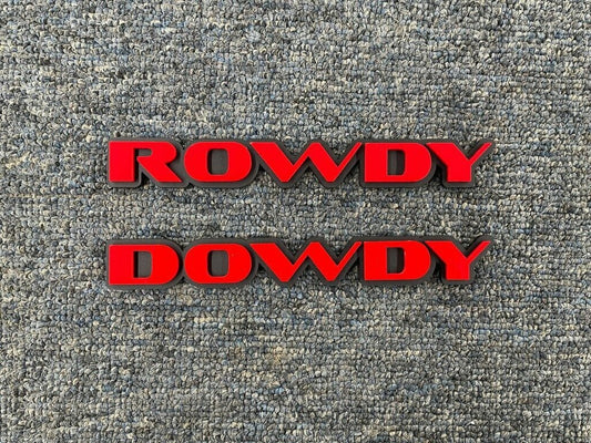 Rowdy Dowdy Car Badge - Red On Matte Black - OEM Font - Atomic Car Concepts