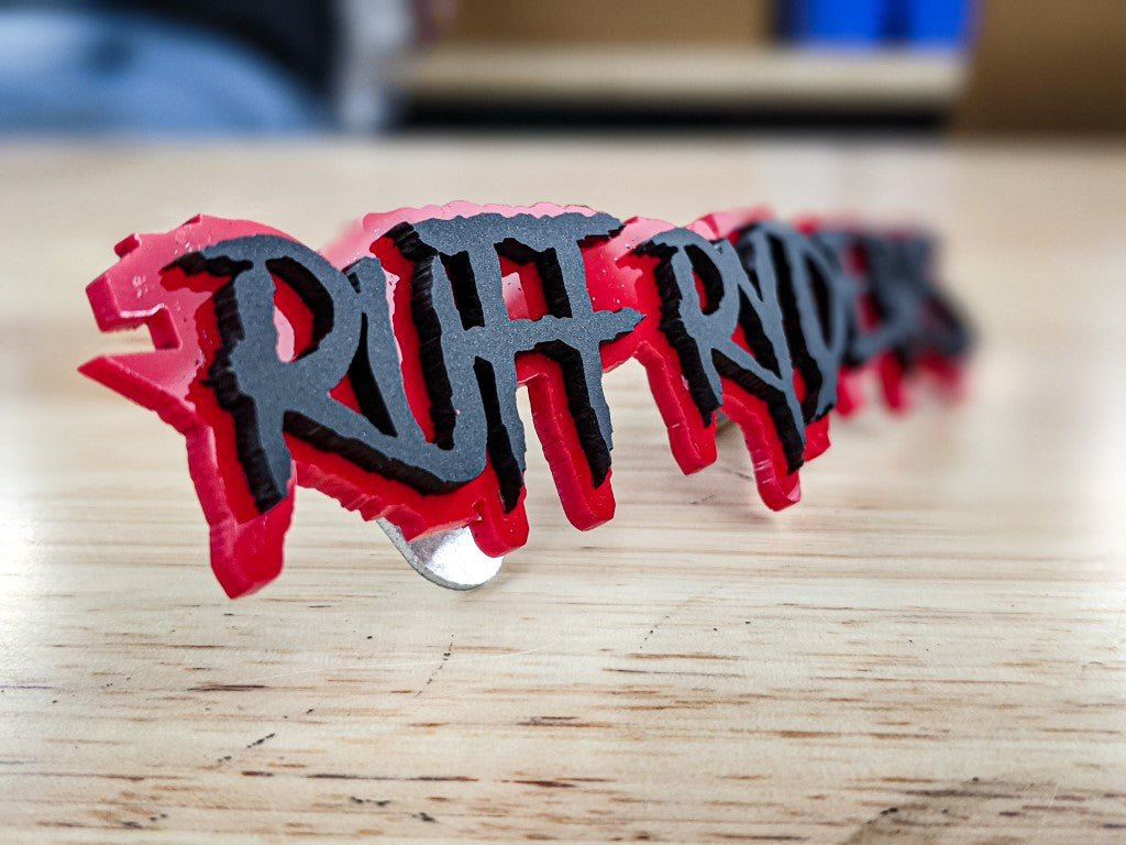 Ruff Ryders Car Badge - Matte Black on Red - Aggressive Font - Atomic Car Concepts