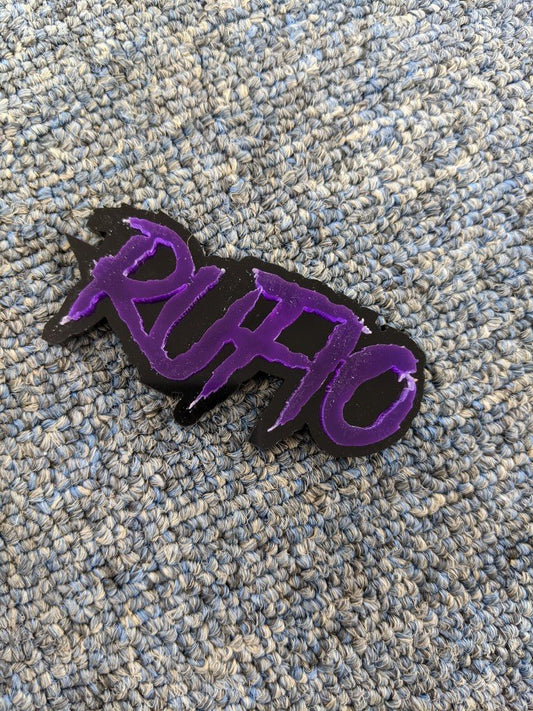 Rufio Car Badge - Mirror Purple On Gloss Black - Aggressive Font - Atomic Car Concepts