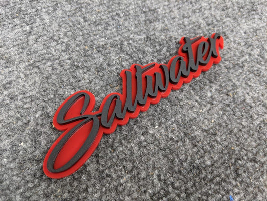 Saltwater Car Badge - Matte Black on Red - Script Font - Atomic Car Concepts