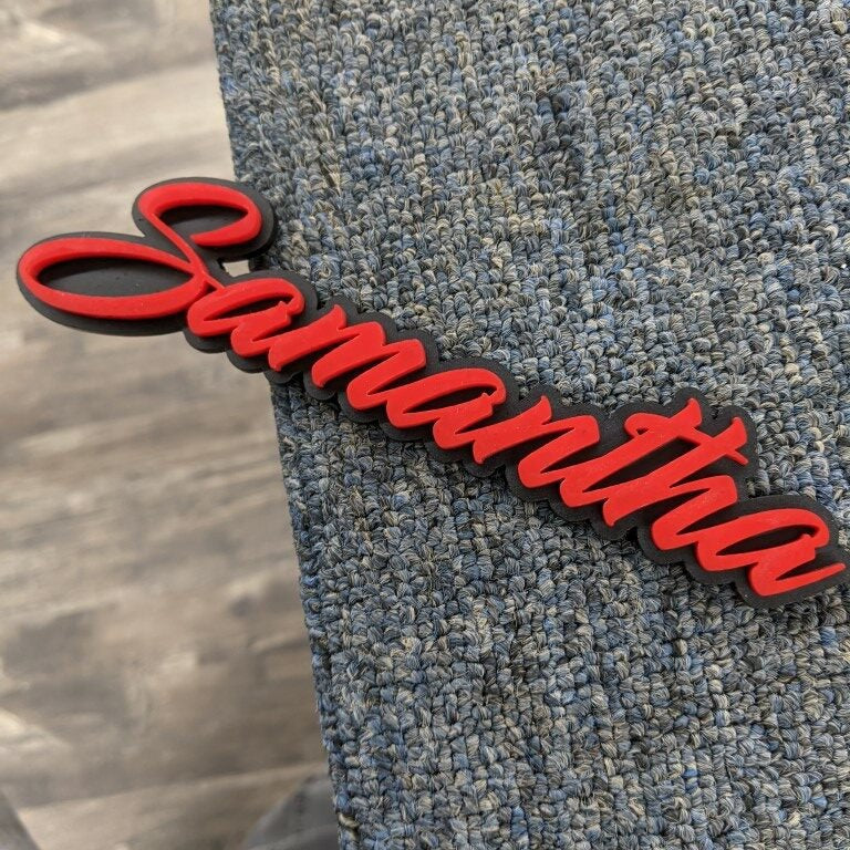 Samantha Car Badge - Red On Matte Black - Script Font - Atomic Car Concepts