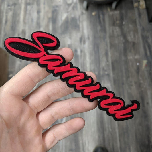 Samurai Car Badge - Red On Gloss Black - Script Font - Atomic Car Concepts