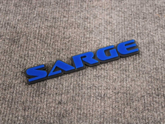 Sarge Car Badge - Blue On Matte Black - OEM Font - Atomic Car Concepts