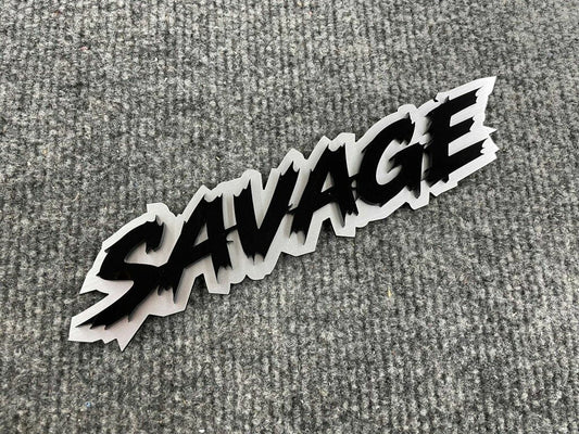 Savage Car Badge - Gloss Black On White - Lightning Font - Atomic Car Concepts