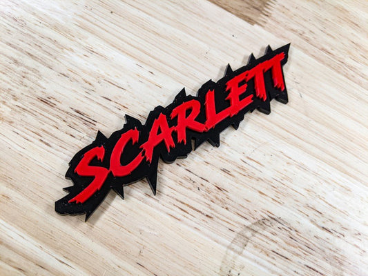 Scarlett Car Badge - Red on Gloss Black - Lightning Font - Tape Mounting - Atomic Car Concepts