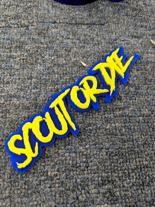 Scout or Die Car Badge - Yellow On Blue - Aggressive Font - Atomic Car Concepts