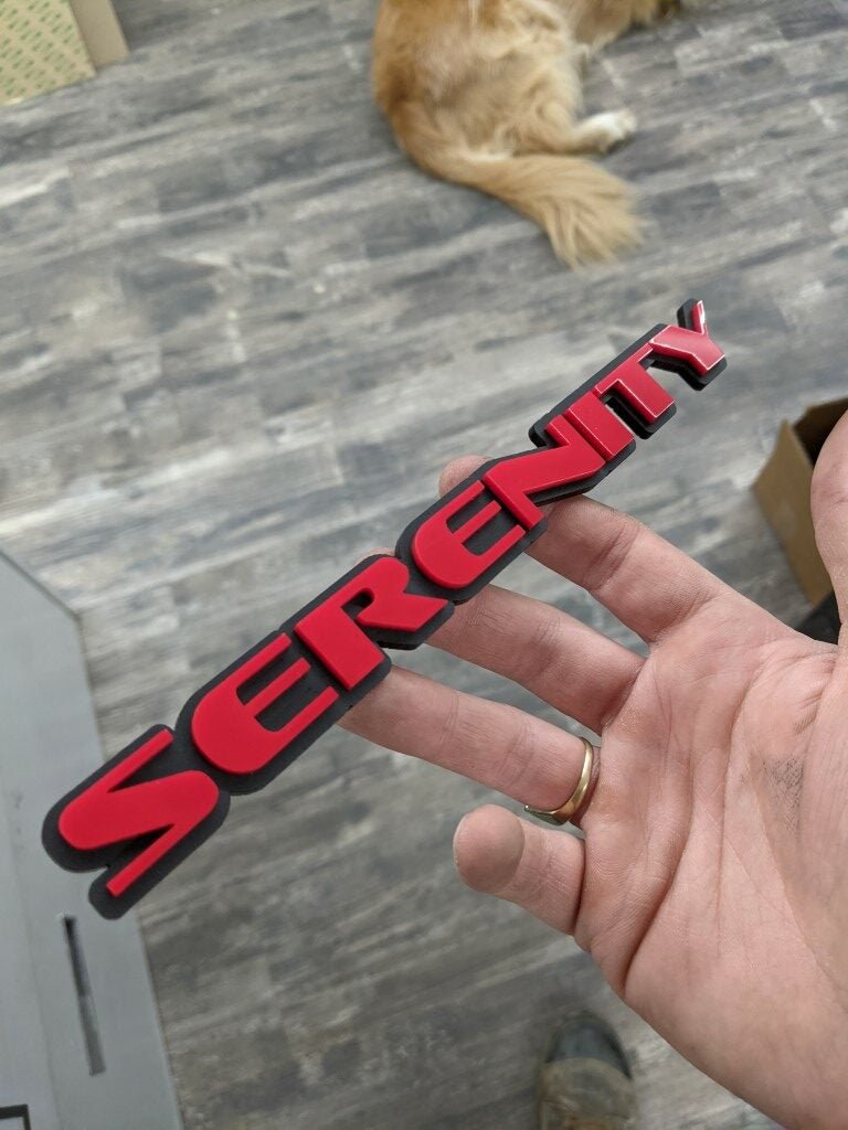 Serenity Car Badge - Red On Matte Black - OEM Font - Atomic Car Concepts