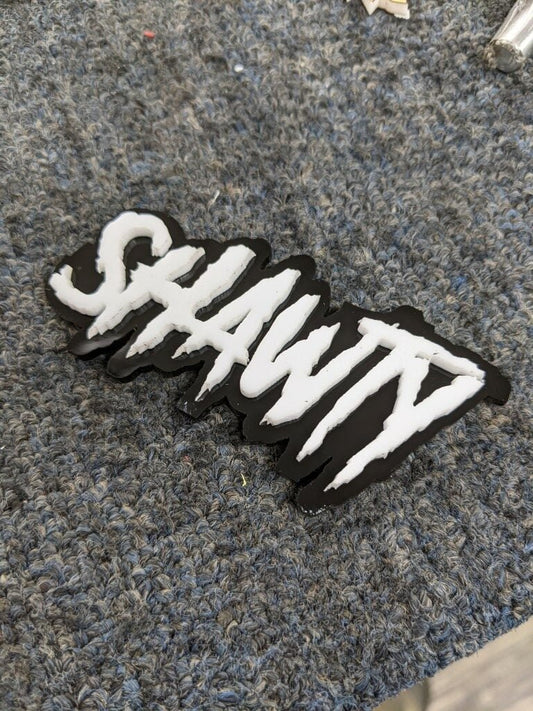 Shawty Car Badge - White On Gloss Black - Aggressive Font - Atomic Car Concepts