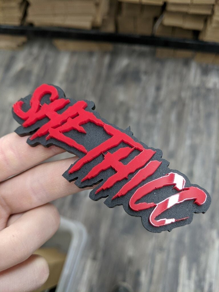 She Thicc Car Badge - Red On Matte Black - Aggressive Font - Atomic Car Concepts