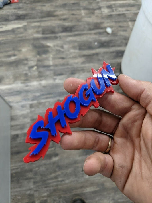 Shogun Car Badge - Blue On Red - Lightning Font - Atomic Car Concepts