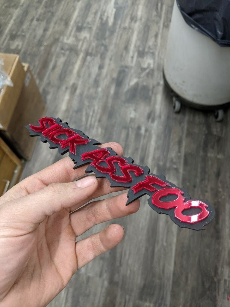 Sick Ass Foo Car Badge - Mirror Red On Matte Black - Aggressive Font - Atomic Car Concepts