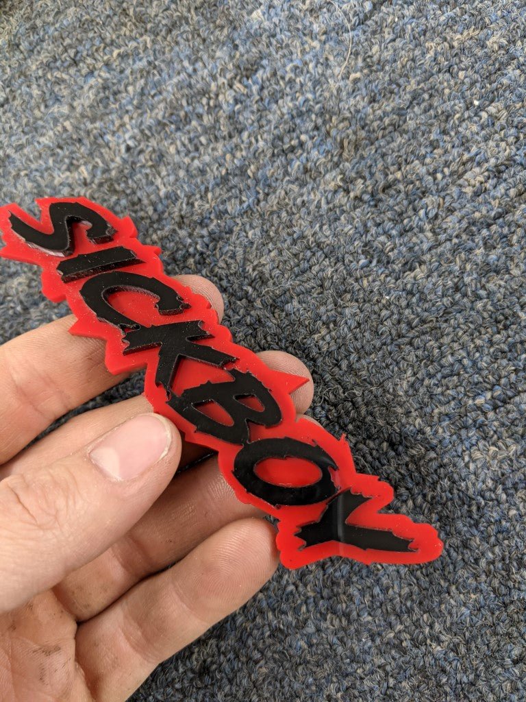 Sickboy Car Badge - Gloss Black On Red - Lightning Font - Atomic Car Concepts