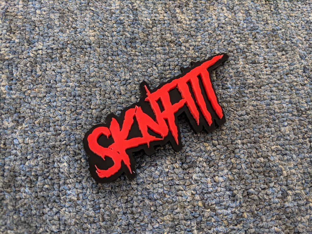 Sknfitt Car Badge - Red on Gloss Black - Aggressive Font - Tape Mounting - Atomic Car Concepts