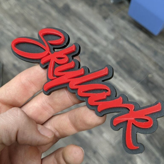 Skylark Car Badge - Red On Matte Black - Script Font - Atomic Car Concepts